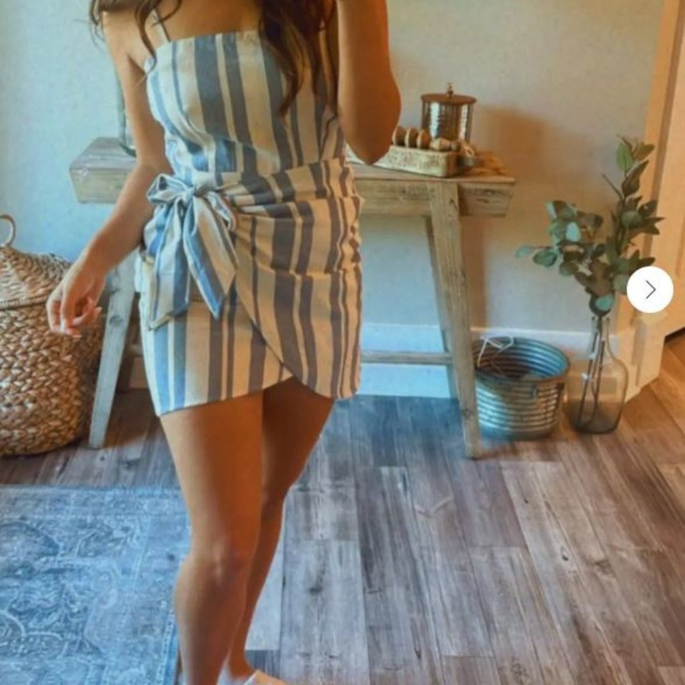 Denim and Cream Stripped Smocked Back Dress